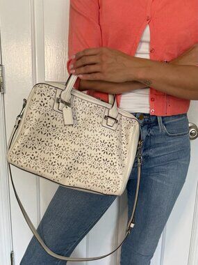 Coach White Laser-Cut Floral Satchel with Silver Hardware